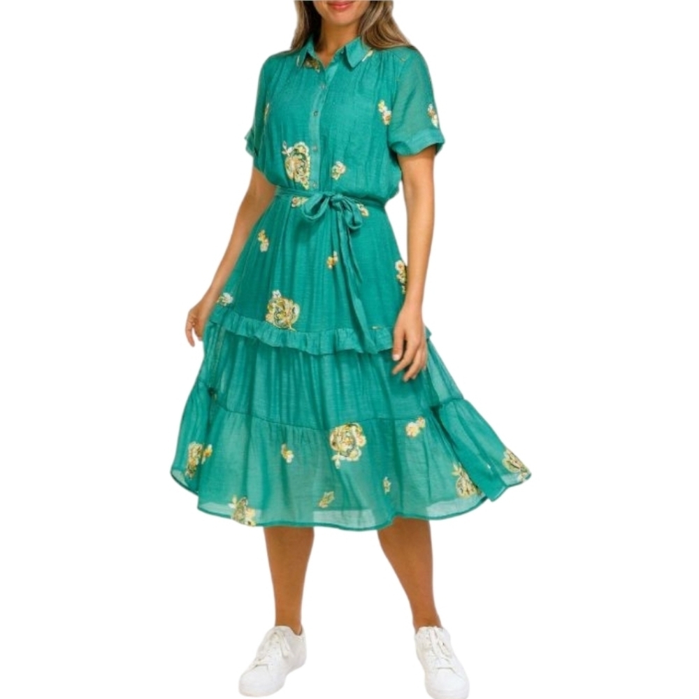 Anthropologie Figure & Flower Kelly Green Floral Embroidered Tiered Midi Small